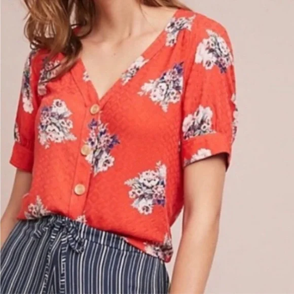 Maeve by Anthropologie Orange Floral Blouse Size 6 - Picture 4 of 9